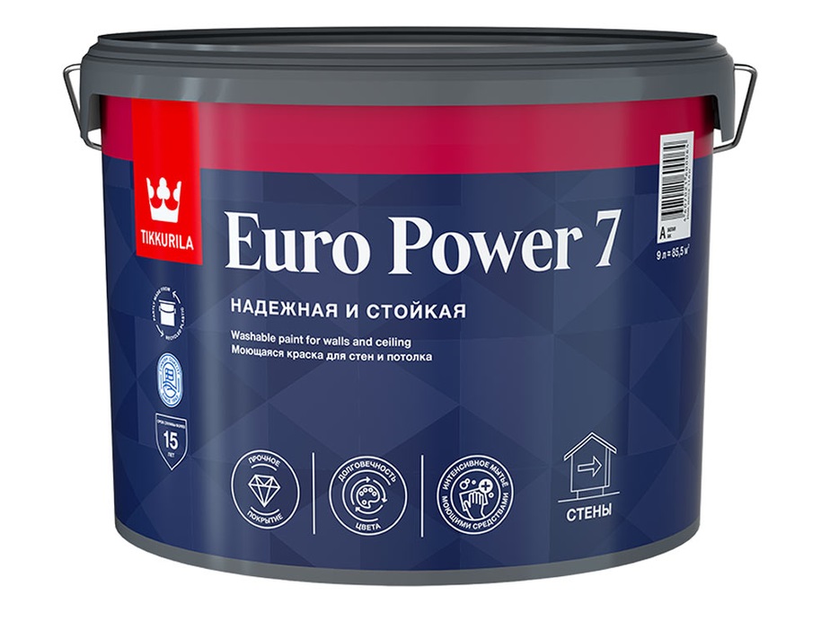 Краска в/д ЕВРО POWER 7 стойкая к мытью А мат 9 л ТИККУРИЛА